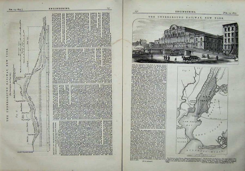 Old Antique Print 1875 Engineering Underground Railway New York America 19th