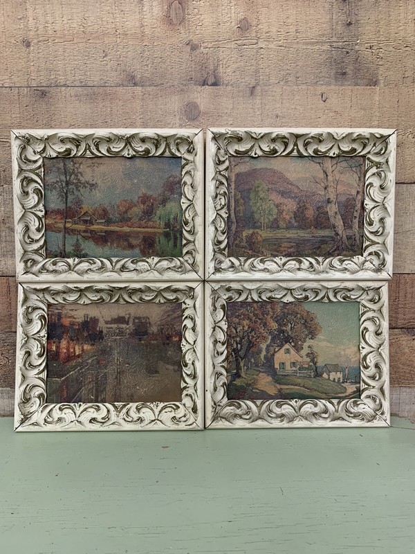 Vintage Wooden Carved Framed Prints Farm Nature Fall City Scenes Set Of 4