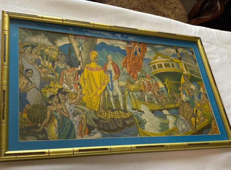 A God Appears Eugene Savage Framed depicting Captain Cook Arrives Hawaii 24x12 gallery