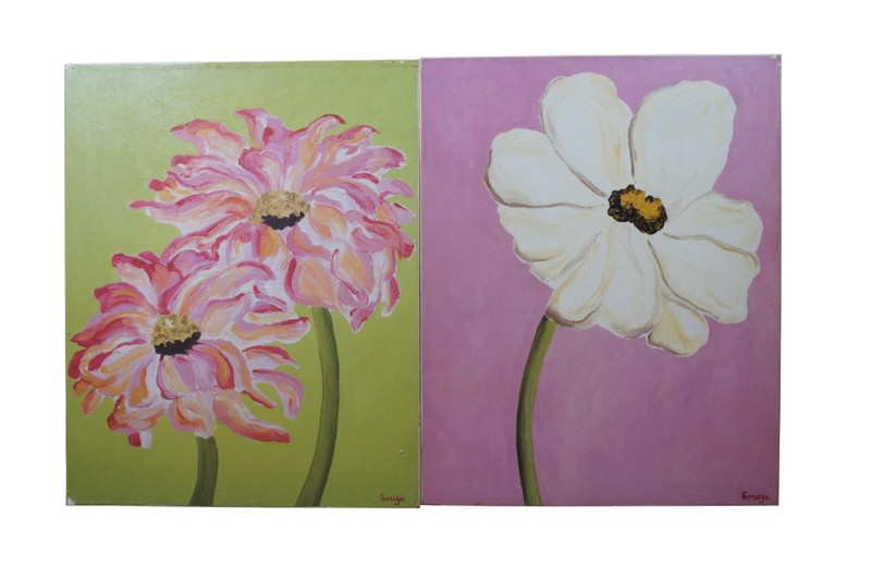 2 Soraya Chemaly Pink & Green Studio Art Floral Flower Giclees on Canvas 30″