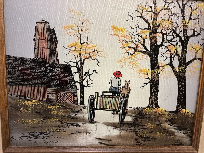 L Ryan Oil Canvas Looking Painting Print Man Wagon Horse Barn Trees Fall Framed gallery