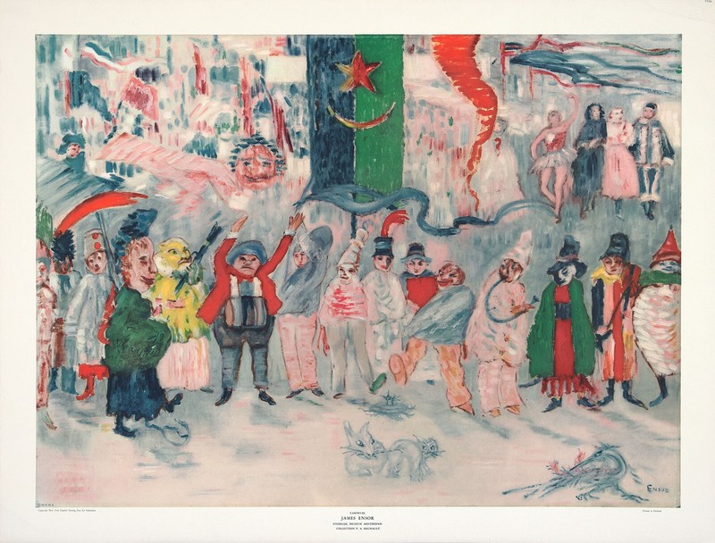JAMES ENSOR XRare Vtg 1952 OOP Lrg Halftone Litho CARNIVAL, CARNAVAL EN FLANDRE