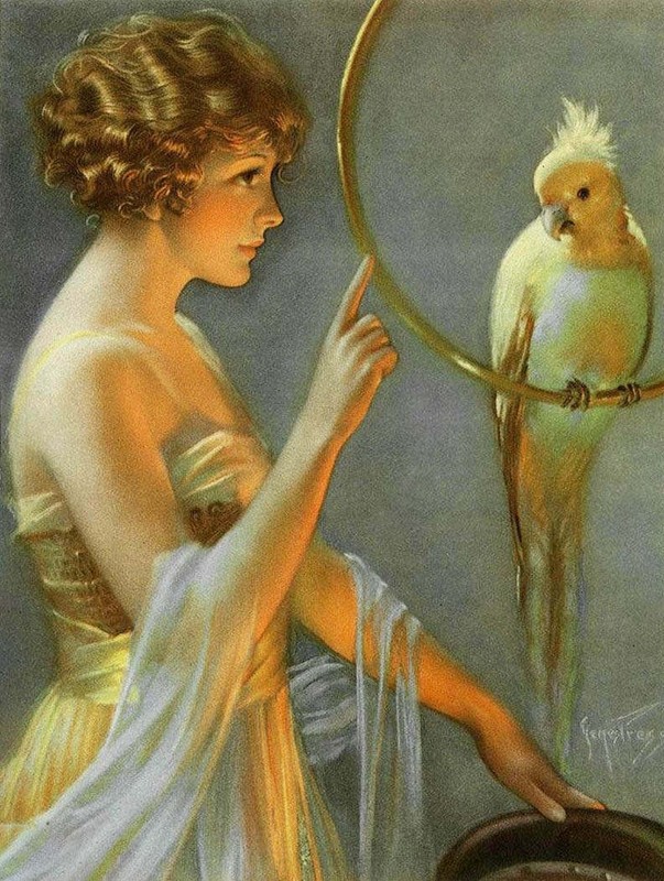 Beautiful Blond Lady with Cockteel Bird by Gene Pressler