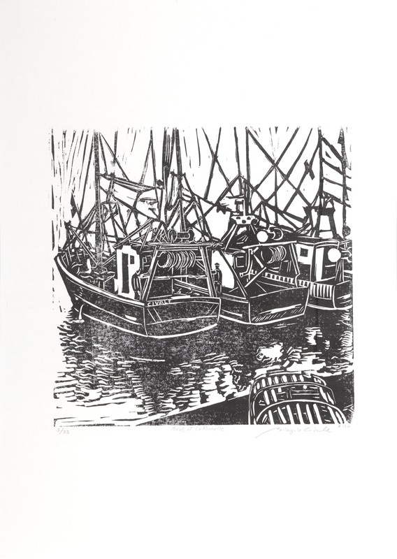Biagio Civale, Boats at La Rochelle, Linocut on thin tissue paper, Signed, numbe