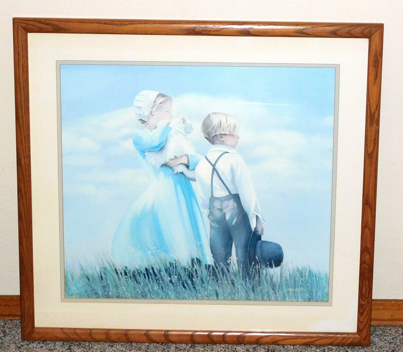 Nancy Noel Amish Art Print Boy Girl White Cat Double Matted Solid Wood Framed