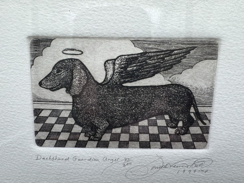 VTG Dachshund Guardian Angel Print 32/300 Framed Dog Art Signed Vernon-White
