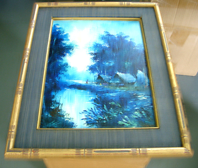 OIL PAINTING BLUE JUNGLE SCENE by SUWAN? GOLD BAMBOO FRAME