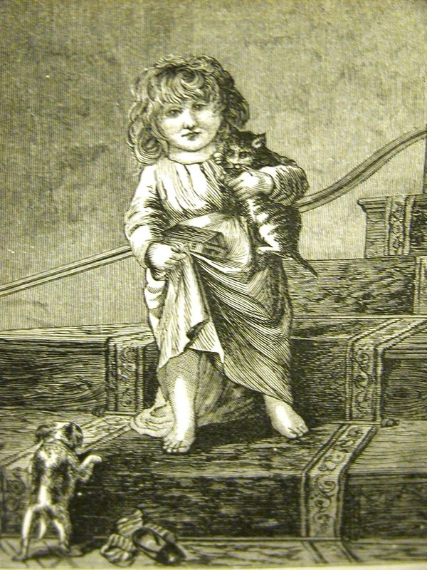 LITTLE GIRL w DOG & CAT LOST SHOES c1880 Engraving Print Matted