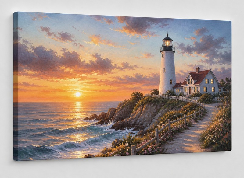 ICE ARMOR Large Canvas 24×36″ Coastal Lighthouse Sunset Canvas Wall Art Serene