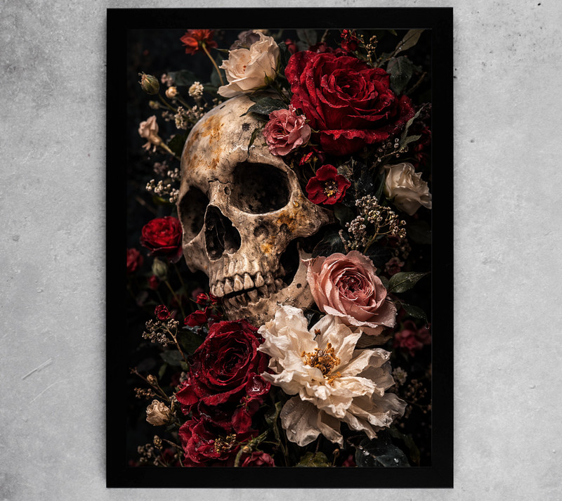 Gothic Skull And Roses Floral Skeleton Poster Print Framed Canvas Wall Art
