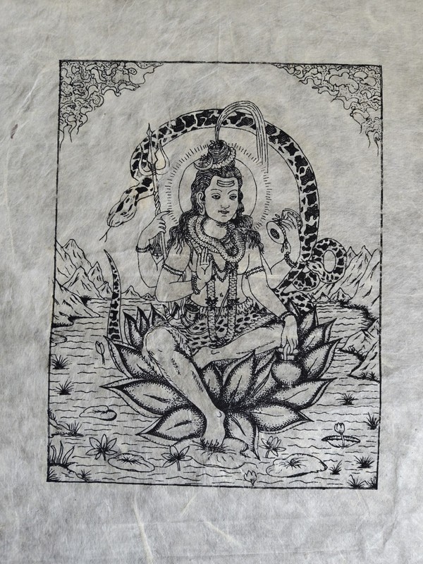 Original Shiva Graphic Linocut on Handmade Paper India Nepal Boho