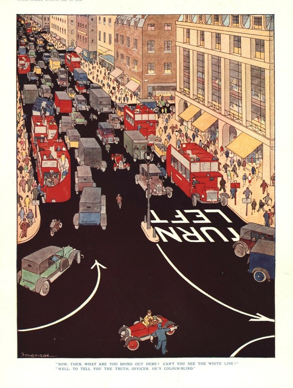 COLOR BLIND DRIVER CARTOON – Vintage 1929 – MOTOR TRAFFIC HUMOR – White Lines