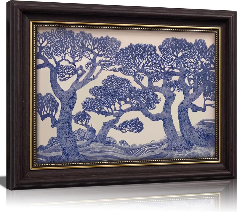 Vintage Gold Framed Wall Art Oak Tree Forest Painting Canvas Prints Blue Wood...
