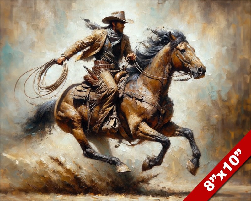 WESTERN COWBOY RIDING HORSE WITH ROPE LASSO PAINTING REAL CANVAS ART PRINT