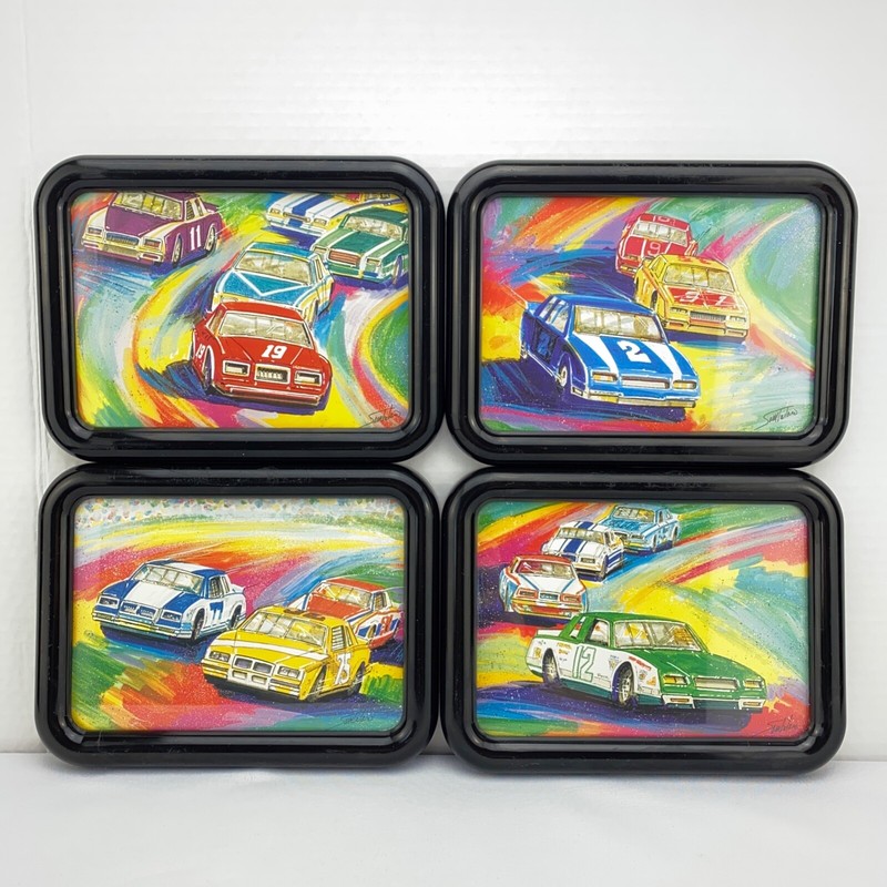 Vintage Retro Race Car Wall Art Framed Poster Print Set of 4 Man Cave USA Made