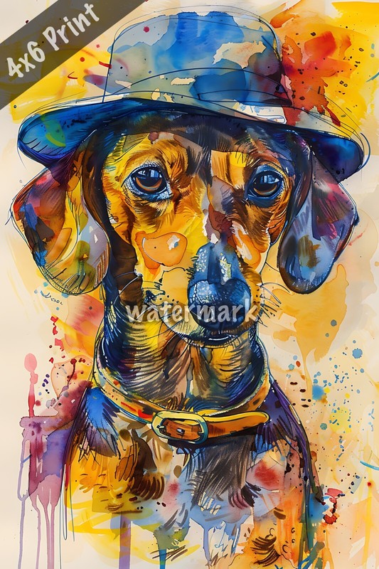 Dog Dachshund in a detectives hat watercolor Art 4x6 Print