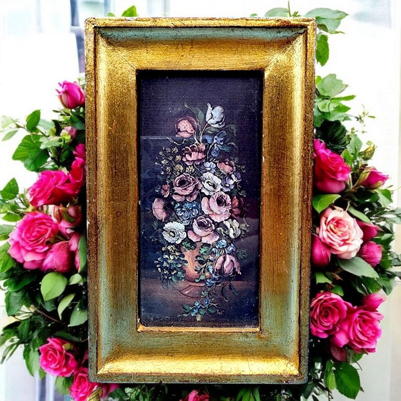 Flemish Floral Miniature Art Print In Gold Gilt Frame Bouquet in Vase Italy