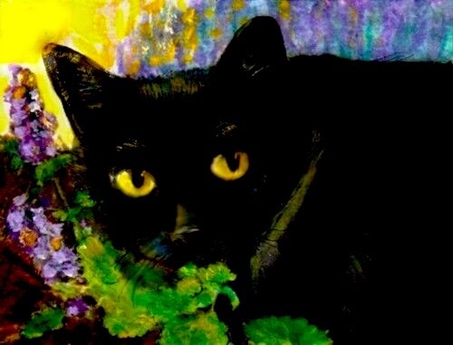 BCB Black Cat Eating Catnip in Garden Print of Hand Painted Art 2.5 x 3.5 Inches