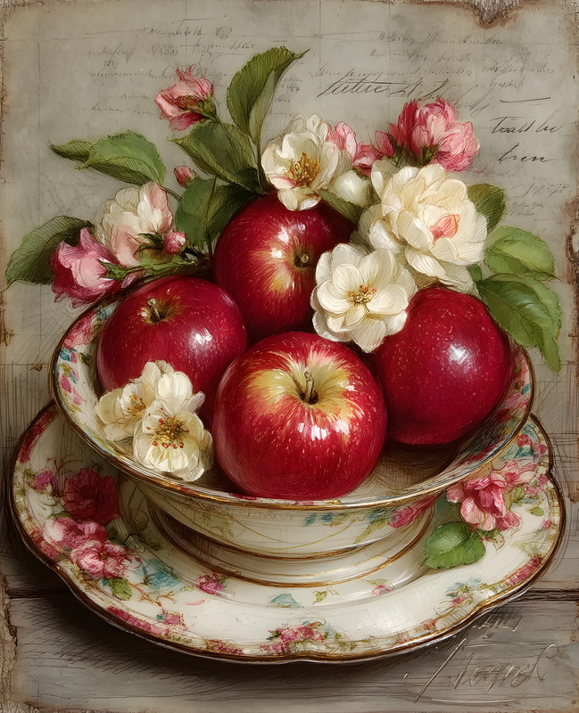 8×10 Cozy Storybook Bowl of Apples and Flowers on Plate Art Print – 698634374
