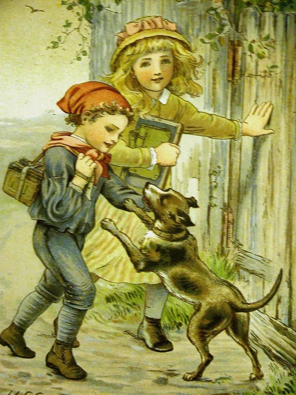 Edwards HAPPY DOG CHILDREN HOME from SCHOOL c1880 Chromolithograph Print Matted