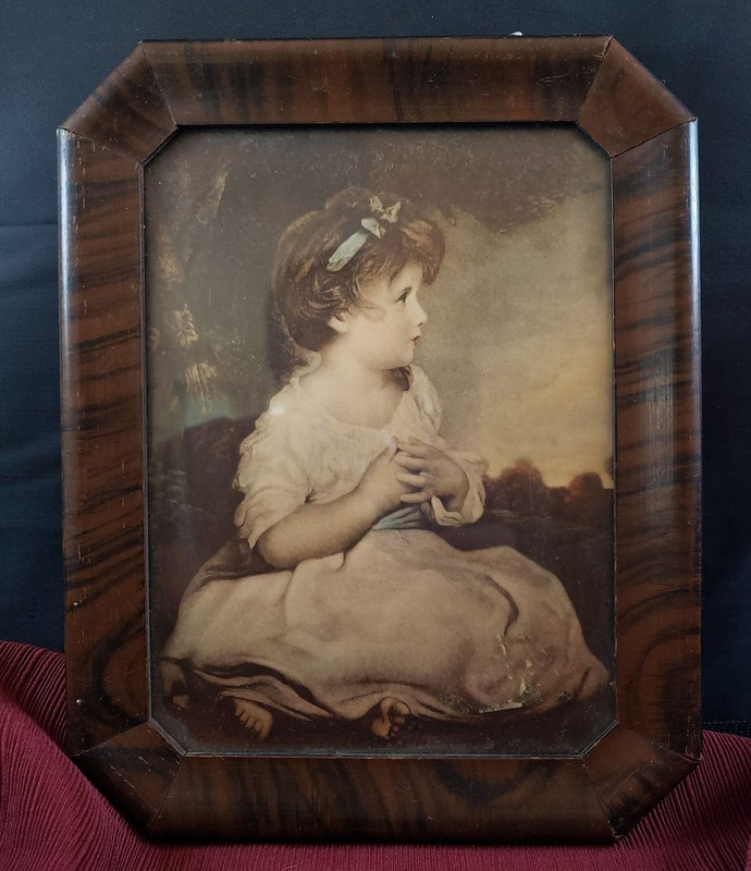 Vtg Reprint of Age of Innocence by Sir Joshua Reynolds, Brown Striped Wood Frame