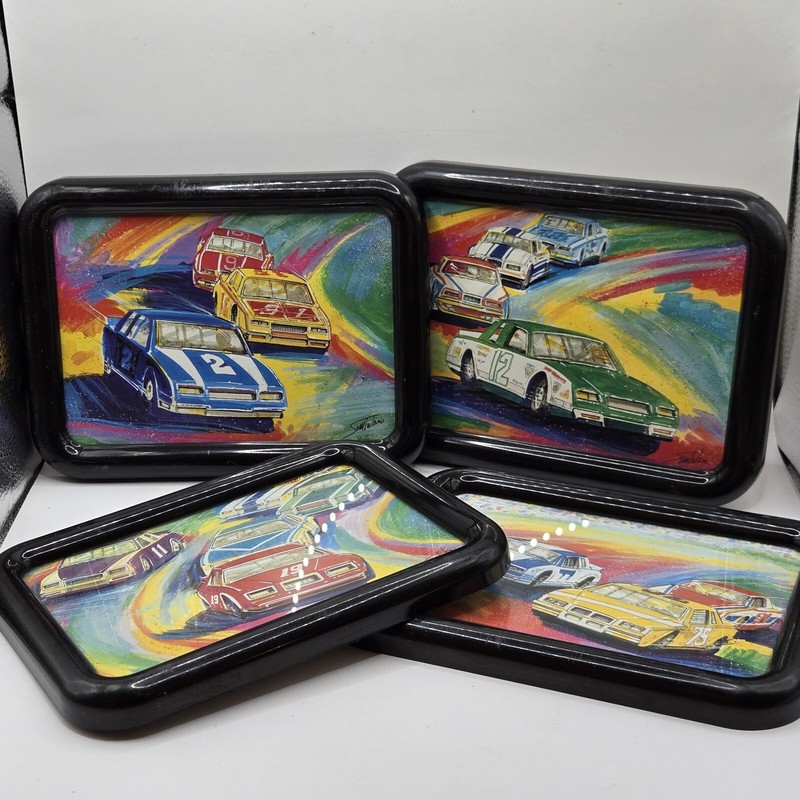 Vintage Race Car Wall Plaques Art Prints Signed Race Car Framed Prints_Set of 4