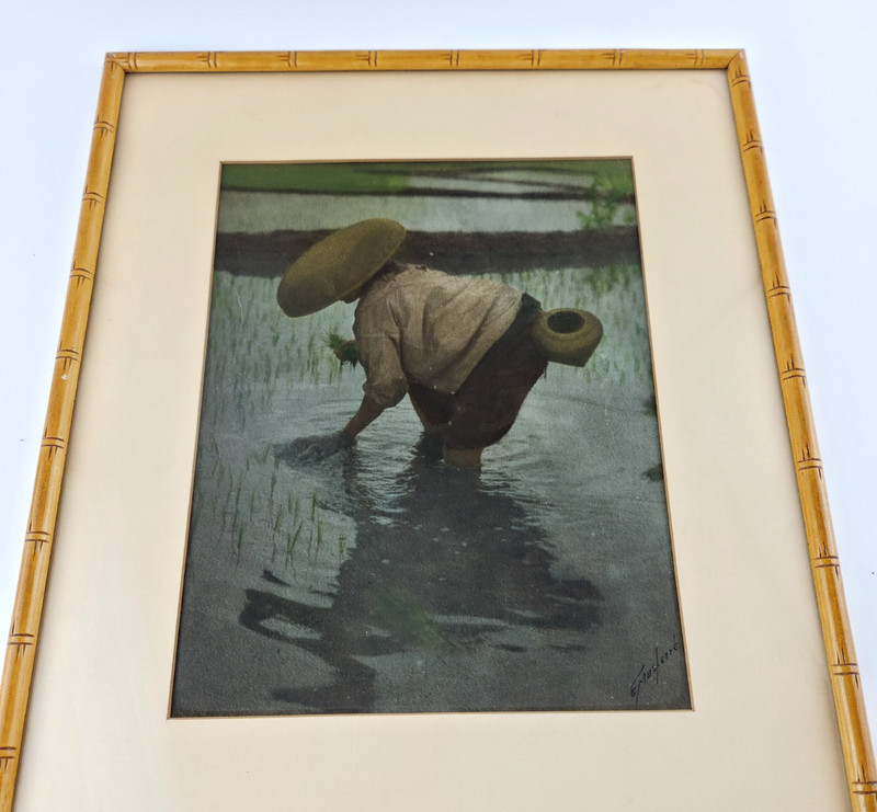Vintage Asian Rice Picker Art Print Wood Frame Faux Bamboo Signed 12x14 gallery
