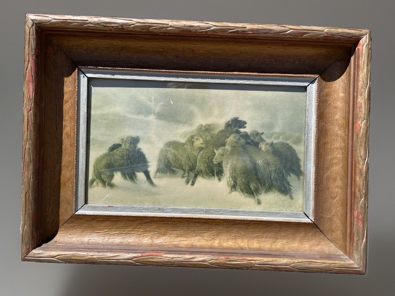 Vintage 1916 Western Print Handcarved Frame Dogs Protecting The Herd In Storm