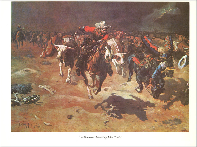 1959 Vintage Print The Stampede Cowboy Cattle Drive Herd Cow Cowboys Plains