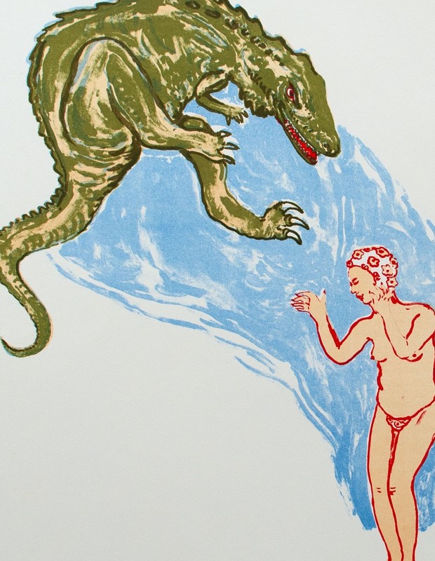 Silvia Quandt Contemporary Bathing Female Nude and Dinosaur Lithograph 2004 28/250