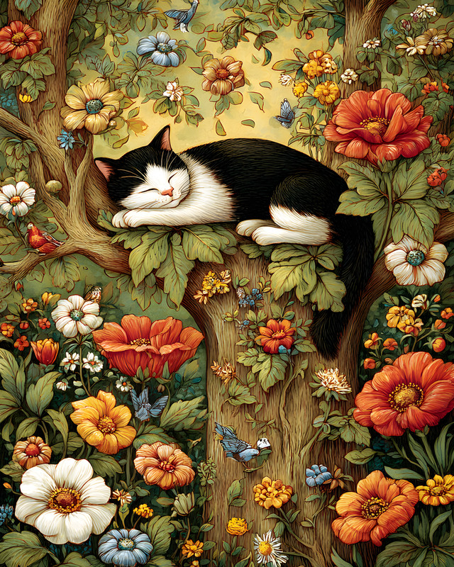 8x10 Cozy Storybook Cat Sleeping in Tree Surrounded By Art Print - 261843850