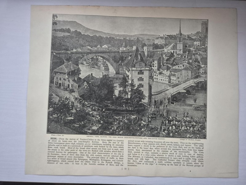 Old Vintage Antique Print 1895 Round the World Bern High Bridge + Cattle Market