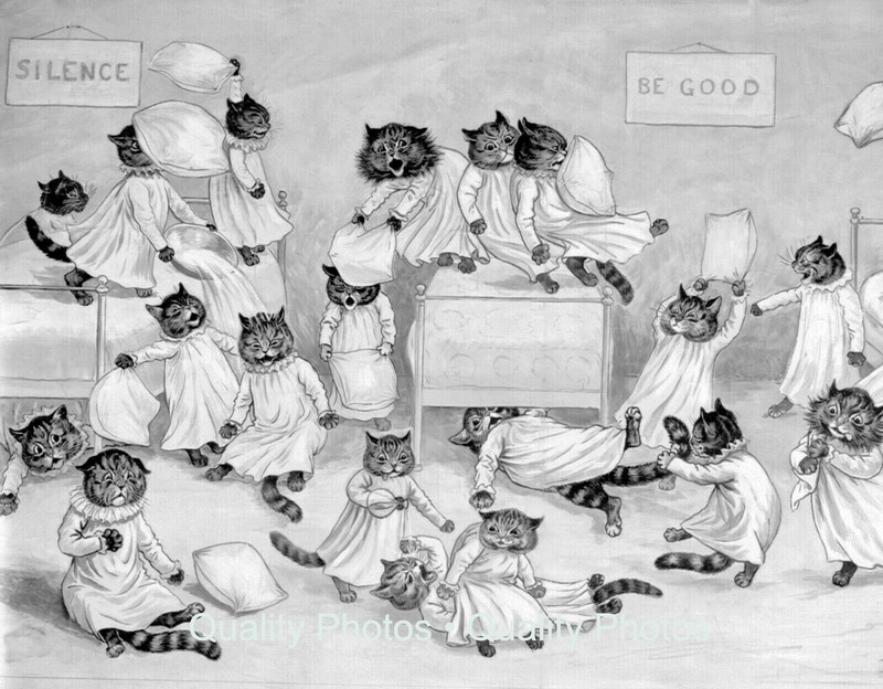 Cats Have a Pillow Fight 8.5×11″ Photo Print Louis Wain Cute Feline Animal Art