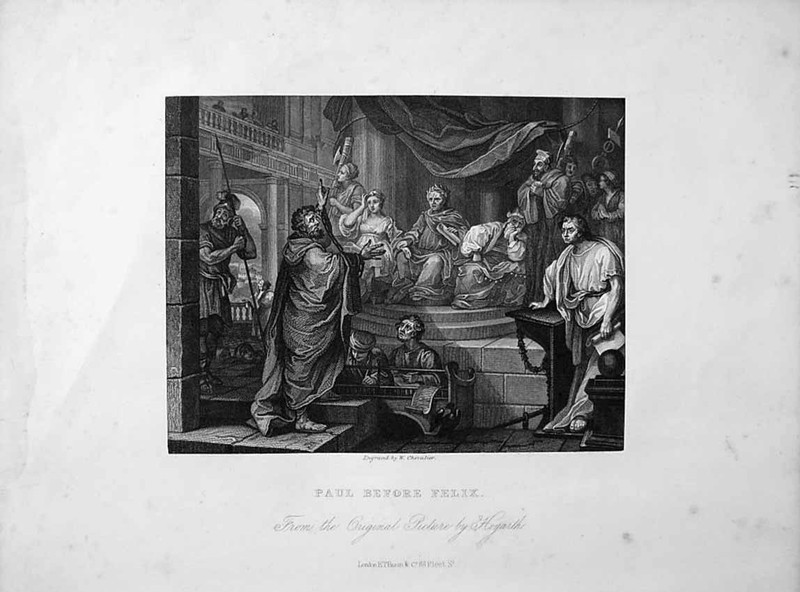 Antique Old Print *0861 C1833 Hogarth Scene Paul Before Felix Bible Engraving