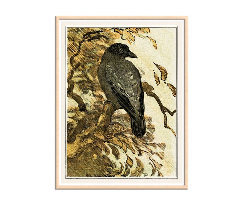 Vintage Crow Painting, Bird Art by Theo van Hoytema, Black Crow on Tree Print