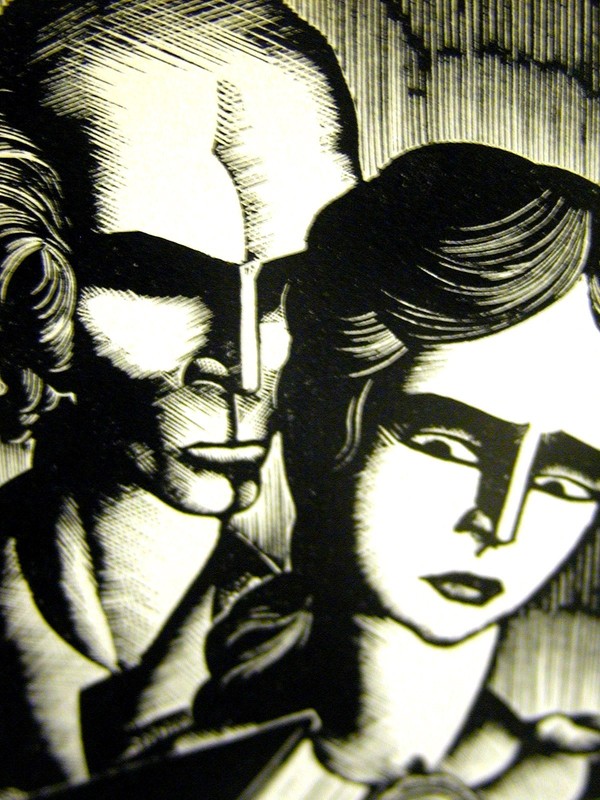 Lynd Ward 1930 MAN w BOOK – GIRL w MINIATURE PORTRAIT Art Deco Print Matted
