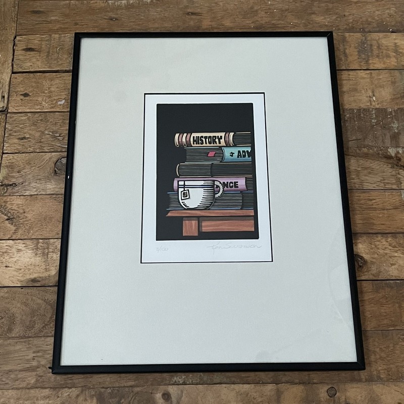 Ken Swanson Linoleum Block Print 3/100 Framed 11×14″ School Books and Teacup