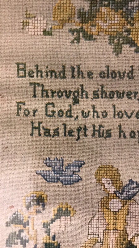 Antique Print Of Cross Stitch Sampler God Hope Boy Lamb Green Blue Yellow gallery