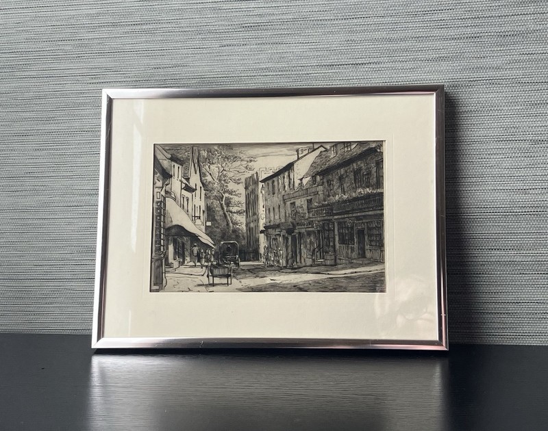 Antique European Original Etching, Old Street View/ Cityscape Etching
