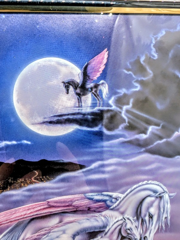 Vintage 1980s Sue Dawe Pegasus Fantasy Art Print Framed Mythical Horse Moon 80s gallery