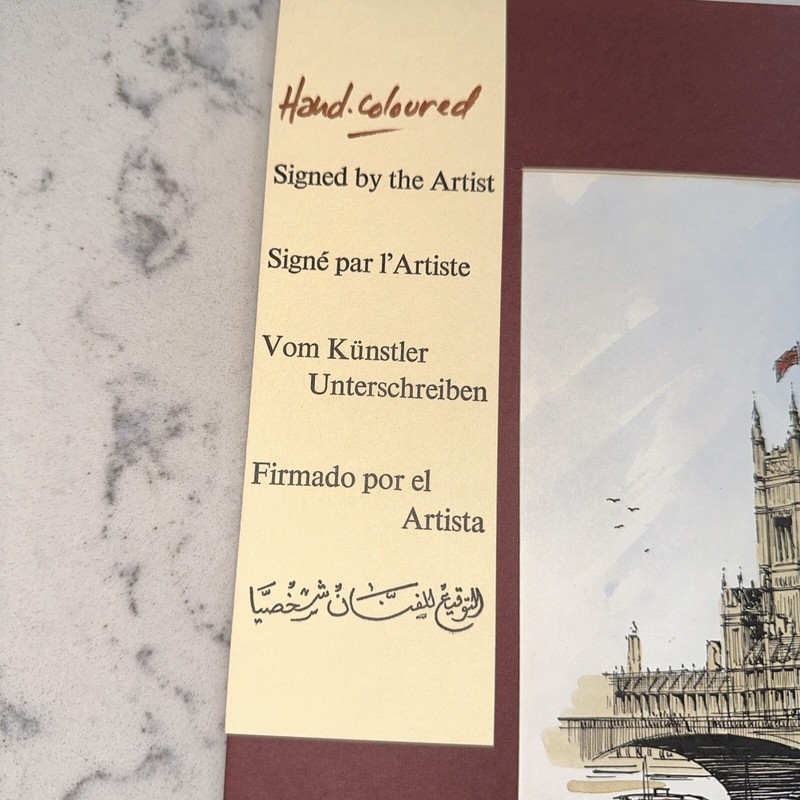 TWO 1970S SIGNED HAND COLORED GUY MAGNUS PRINTS WESTMINSTER ABBEY & HOUSE PARLI gallery