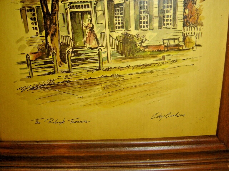 Vintage Framed Coby Carlson Print Raleigh Tavern in Muted Colors gallery