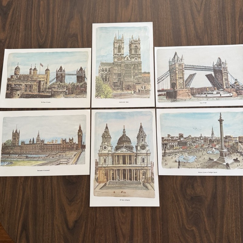 VINTAGE SET OF 6 LONDON LANDMARKS COLOR ART PRINTS BY B. SMITH, 12.5 x 8.75 EACH