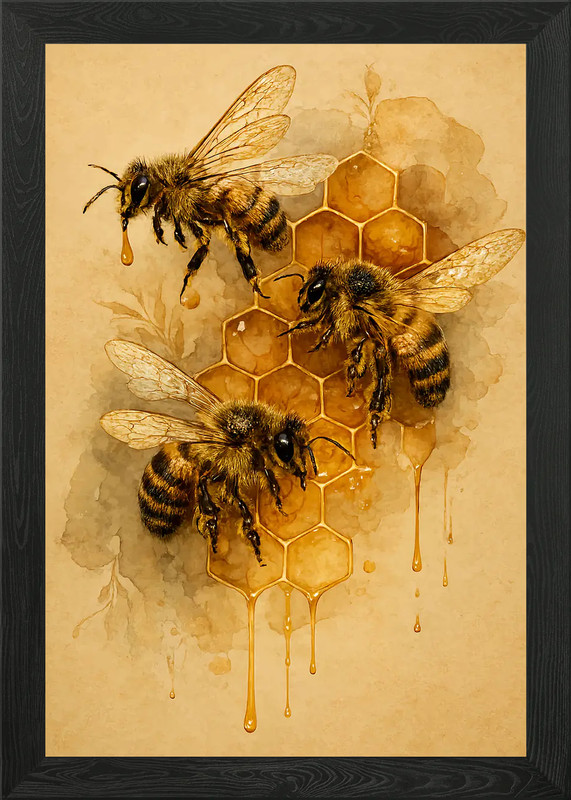 Bees and Honeycomb Watercolor Art Framed Wall Art Poster Canvas Print Picture