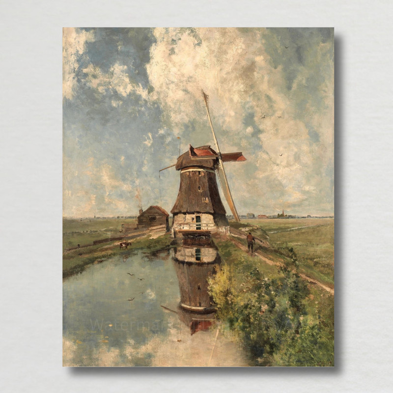 Vintage Dutch Windmill Landscape Painting Giclee Fine Art Paper Print