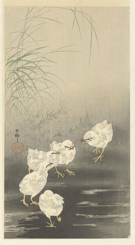 Ohara Koson Chicks and Worm Japanese Woodblock Print Shin-Hanga Antique Art
