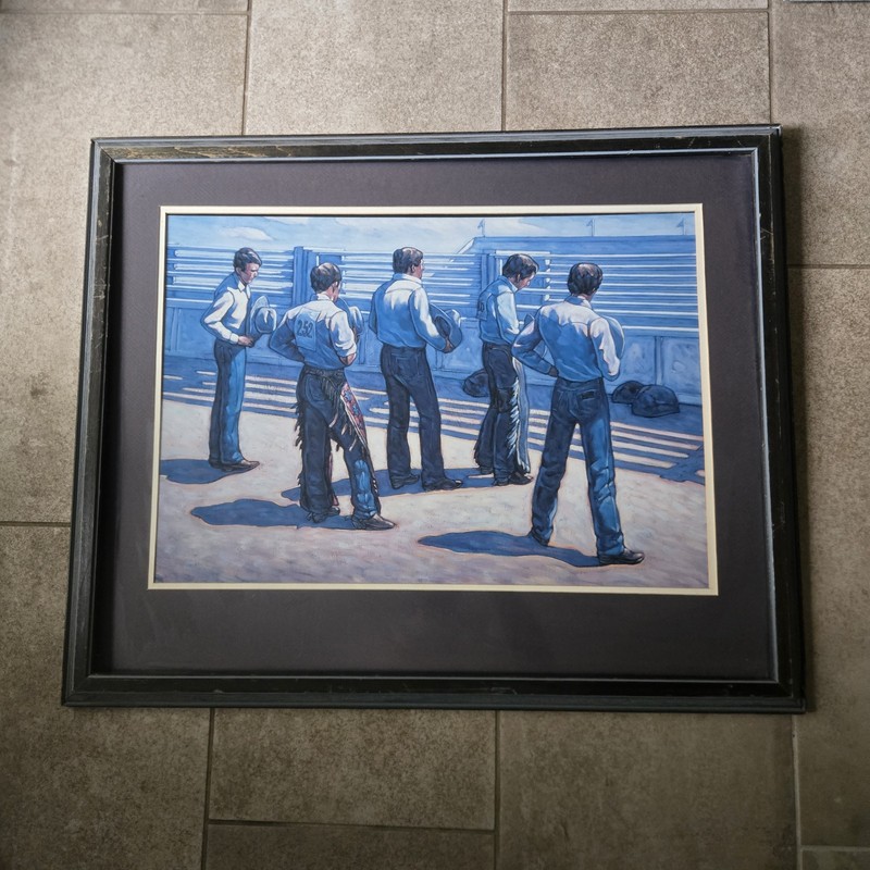 Vtg Howard Post Cowboy Ranchers Art Print Framed 24×30″ Western Southwestern