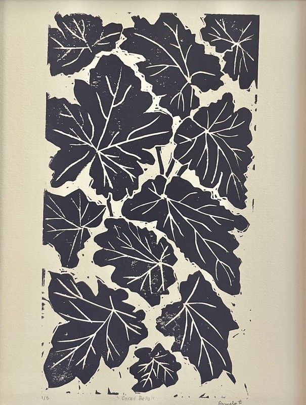 Coral Bells Linocut Print – Framed Botanical Block Print Nature Wall Decor