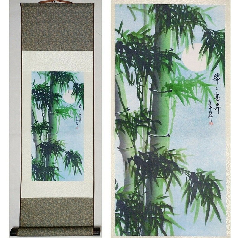 Chinese Bamboo Painting Peace and Quiet on Silk Scroll Wall Hanging