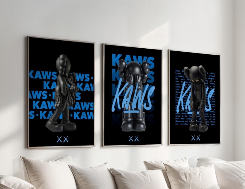 Set of 3 Black And Blue Kaws Art pieces canvas wall home decor Portrait Gallery gallery